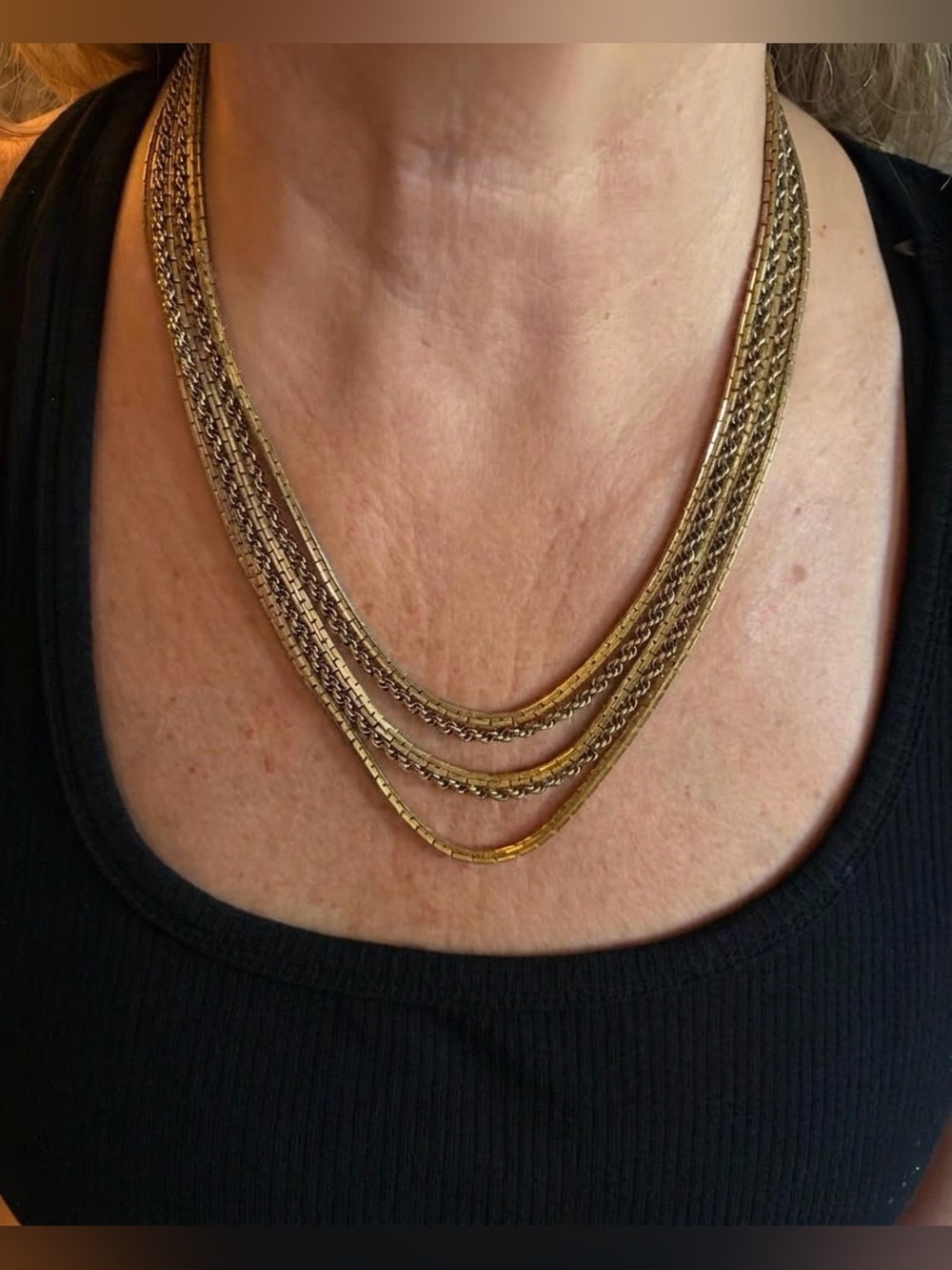Monet Signed Gold Tone Multi 5 Strand Chain Necklace
